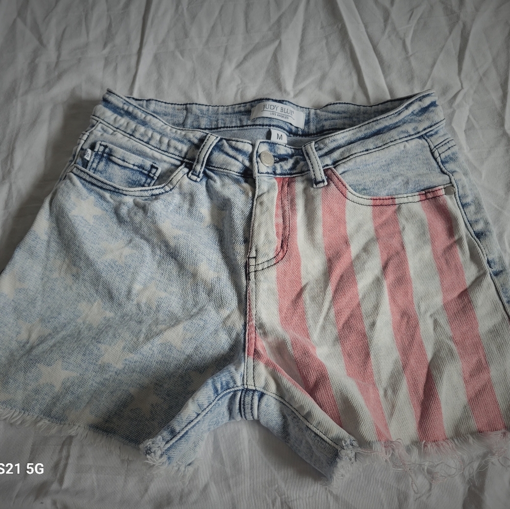 Judy Blue Red and Blue Jean Shorts Asymmetrical Design Lightly Worn